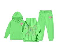 Xiaojiu Enfant Ensemble De Sweat À Capuche pour Fille - Tenue Confortable Deux Pièces pour Enfants - Sweat-Shirt Et Pantalon De Sport avec Poche Kangourou Vert 12-13 Ans