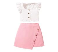 Xiaojiu Enfant Ensemble garçonnes -décontracté été Version été pour Filles Tenue Demi-Jupes et Hauts éléguants sans Manches Style européen avec Manches et Jupe Courte(Rouge, 6-7 Ans)