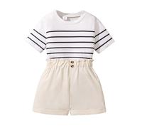 Xiaojiu Enfant Ensemble léger 2 pièces pour Fille - Haut Estival à Manches Courtes et Short Fleuri Style rayé Confort Quotidien et fraîche(Blanc, 7-8 Ans)