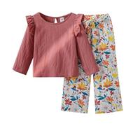 Xiaojiu Enfant Ensemble mode automne pour filles vêtements décontractés hauts courts et pantalon long en dentelle avec épaules à manches longues imprimé parfait pour quotidien(Brick Rouge, 5-6 ans)