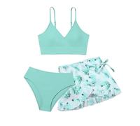 Xiaojiu Enfant Maillot de Bain 3 pièces pour Fille Ensemble Bikini Slip de Bain Pratique et Polyvalent pour lété activité Plage Piscine autonomie Confort(Menthe Verte, 15-16 Ans)