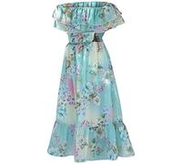 Xiaojiu Enfant Robe Légère en Mousseline De Soie pour Filles Été Style International Mi-Longue Plage Robe Fleurie Épaules Découvertes Enfant À Grandes Idéale comme De Mariée D 11-12 Ans Bleu