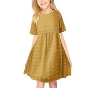 Xiaojiu Enfant Robe plissée pour Filles Manches Courtes Ligne A élastique Mignonnes Tenue décontractée légère été Jolie Princesse(Fille, 10-12 Ans)
