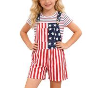 Xiaojiu Enfant Salopette short rayée imprimée pour enfants (garçons et filles) avec poches et bretelles, idéale pour la fête nationale américaine du 4 juillet.(Rouge, 6-7 ans)
