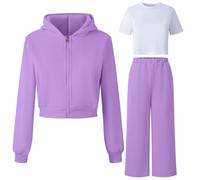 Xiaojiu Enfant Survêtement 2 pièces en polaire à capuche pour fille - Ensemble sport doux et confortable avec haut à manches longues et pantalon idéal pour le(Violet, 7-8 ans)