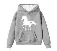 Xiaojiu Enfant Sweats À Capuche Et Pulls pour Filles Vêtement Chaud d'hiver avec Poche Motif Cheval Adorable Et Manches Longues Style Décontracté pour Enfants Tout-Petits Gris 10-11 Ans