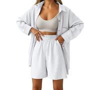 Xiaojiu Ensemble Femme Chic Et Elegant Ete Musulmane Ensemble Short Décontracté Femme - Coupe Ample Et Chemise Boutonnée Assortie Conjunto Confortable Pour Quot B-Blanc M