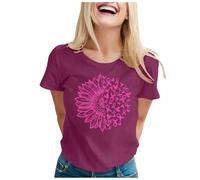 Xiaojiu Femme Ruban Rose Cancer du Sein Octobre Rose T-Shirt avec Col en V, Chemise en Lin Femme Chemise Oversize Noir Tee Shirt Col V Noir T-Shirt Grande Tai M