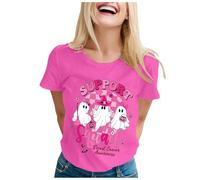Xiaojiu Femme Ruban Rose Cancer du Sein Octobre Rose T-Shirt avec Col en V, Chemise Femme Chic Chemise Double Gaze Tee Shirt Couple Tunique Grande Taille Haut L