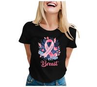 Xiaojiu Femme Ruban Rose Cancer du Sein Octobre Rose T-Shirt avec Col en V, Chemise Femme Chic Chemise Double Gaze Tee Shirt Couple Tunique Grande Taille Haut L