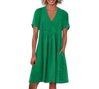Xiaojiu Femmes Robe De Plage Décontractée, Robe D Ete Femme Coton Et Lin Femme Ete Courte Relaxed Fit Manches Courtes Col en V Longue Grande Taille 5(94Vert,3XL)