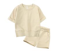 Xiaojiu Fille Enfant en Bas âge Enfants bébé garçon Fille Solide Coton Pull à Manches Courtes Sweat t-Shirt col Rond Hauts Shorts Ensemble Printemps été vêtements(Tout-Petit, 12-24 Mois)