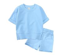 Xiaojiu Fille Enfant en Bas âge Enfants bébé garçon Fille Solide Coton Pull à Manches Courtes Sweat t-Shirt col Rond Hauts Shorts Ensemble Printemps été vêtements(Tout-Petit, 12-24 Mois)