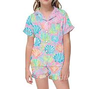 Xiaojiu Fille Ensemble de Outfit 2 pièces pour Enfants, imprimé Graphique, Manches Courtes, Chemise boutonnée, Short, Ensemble de Outfit(Enfant, 6-7 Ans)