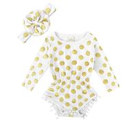 Xiaojiu Nourrisson Barboteuse Manches Longues Bébé Fille Body Doux Imprimé Feuille Or Motif Pompon Tenue Confortable Printemps Automne(Blanc, 6-12 Mois)