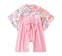 Xiaojiu Nourrisson Combinaison Kimono Japonais À Manches Longues avec Noeud Et Imprimé Floral pour Nouveau-Nés Et Bébés Filles - Barboteuse D'Été Printemps en Un Seul Pièce Rose 6-9 Mois