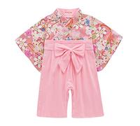 Xiaojiu Nourrisson Combinaison Kimono Japonais À Manches Longues avec Noeud Et Imprimé Floral pour Nouveau-Nés Et Bébés Filles - Barboteuse D'Été Printemps en Un Seul Pièce Rose 9-12 Mois