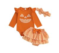 Xiaojiu Nourrisson Ensemble 3 Pièces Bébé Fille Motif Citrouille Patchwork Barboteuse sans Manches Robe Bandeau Tenue Mignonne Confortable Décontractée Quotidienne Halloween Orange 9-12 Mois