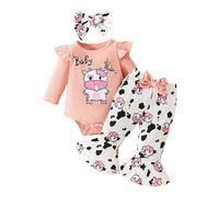 Xiaojiu Nourrisson Tenue Complète Pour Bébé Fille En Côtelée Avec Imprimé Vache Laitière Et Pantalon Cloche Rouge 6-9 Mois