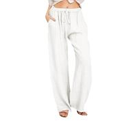Xiaojiu Pantalon Fluide Été Léger Décontractée pour Femmes, Pantalon Ete Femme Coton Femme Fluide Survetement Blanc Large 3/4 L(11Blanc,XXL)