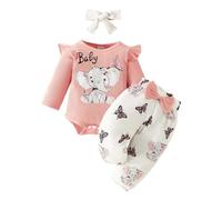 Xiaojiu Tout-Petit Barboteuses Et Pantalons Assortis Pour Bébé Fille | Tenues Décontractées Textures Côtelées Avec Imprimé Éléphant | Confort Et Douceur Pour Jeux Quotidiens 12-18 Mois Rose