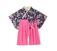 Xiaojiu Tout-Petit Combinaison Kimono Japonais À Manches Longues avec Noeud Et Imprimé Floral pour Nouveau-Nés Et Bébés Filles - Barboteuse D'Été Printemps en Un Seul Pièce Bleu 18-24 Mois