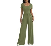 Xiaoliny Combinaison Femme d'Été Chic Col Rond Manches Courtes Jumpsuit Décontracté à Jambe Large Taille Haute Élégant Longue Romper avec Poche Slim Fit Combinaison Pantalon Tenue Fluide Couleur Unie