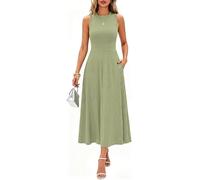 Xiaoliny Robe Femme Chic et Elegant Printemps Été sans Manches Col Rond Midi Robe en Tricot Côtelé Extensible Décontractée Robe Longue Ajustée à la Taille Robe Plissée pour Cocktail Mariage Cérémonie
