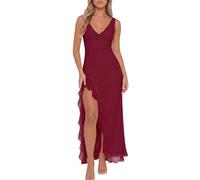 Xiaoliny Robe Femme Chic et Elegant sans Manches Col V Maxi Robes en Maille Sexy Robe Longue Moulante d'Été avec Fente et Volants Casual Dos Nu Robes de Soiree Cérémonie Mariage Invité Cocktail Bal