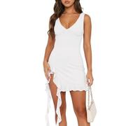 Xiaoliny Robe Femme Chic et Elegant sans Manches Col V Mini Robes en Maille Sexy Robe Courte Moulante d'Été avec Volants et Fente Casual Dos Nu Robes de Soiree Clubbing Mariage Invité Cocktail Bal