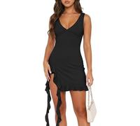 Xiaoliny Robe Femme Chic et Elegant sans Manches Col V Mini Robes en Maille Sexy Robe Courte Moulante d'Été avec Volants et Fente Casual Dos Nu Robes de Soiree Clubbing Mariage Invité Cocktail Bal