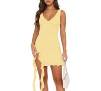 Xiaoliny Robe Femme Chic et Elegant sans Manches Col V Mini Robes en Maille Sexy Robe Courte Moulante d'Été avec Volants et Fente Casual Dos Nu Robes de Soiree Clubbing Mariage Invité Cocktail Bal