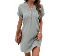 Xiaoliny Robe Femme D'été Chic et Elegant Robes Chemise à Manches Courtes Col V avec Boutons Robe Genoux Amples Léger Aéré Robes Tunique Décontractée Couleur Unie pour Quotidien Plage Vacances