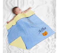 XIAOMA Couverture Bébé Personnalisée avec Prénom Brodé,Plaid Enfant Personnalisé,Cadeau Naissance Garçon Fille,Doudou Maternelle pour Sieste,Idéale pour Baptême de Bebe(Bleu Jaune)