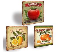 XIAOMA Lot de 3 Plaque Metal Vintage Cuisine Citron Tomate Clementines,Fruits Français Tableau Cuisine Decoration Murale,Pancarte en Métal Cadeau pour Maison Restaurant 30,5x30,5cm