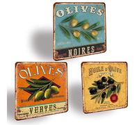 XIAOMA Lot de 3 Plaque Metal Vintage Olives Panneaux en Étain - Cadeau pour la Cuisine Restaurant Maison Ferme Jardin,Retro Affiche Pancarte Murale Décoration 30,5x30,5cm