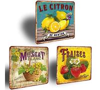 XIAOMA Lot de 3 Plaque Vintage Fraises Citron Muscat - Cadeau pour la Cuisine Restaurant Maison,Panneau en Métal,Retro Affiche Pancarte Murale Décoration 30,5x30,5cm