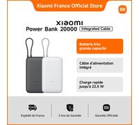 Xiaomi France | Xiaomi Power Bank 20000mAh (Integrated Cable), Batterie très grande capacité, Câble d'alimentation intégré, Charge rapide bidirectionnelle jusqu'à 22,5 W Gris clair
