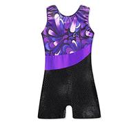 XiaoMoSha Fille Justaucorps Gymnastique, Sans Manches Rubans Colorés et Ornements scintillants Enfants Fille Justaucorps de Danse Classique Gymnastique, Violet, 9-10 Ans