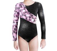 XiaoMoSha Justaucorps de gymnastique pour filles à manches longues/sans manches - Justaucorps de danse scintillant pour enfants de 2 à 14 ans, Léopard violet, 5-6 ans