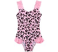 XiaoMoSha Maillot de bain pour filles avec bretelles volantées, mignon, extensible, maillot de bain à séchage rapide, pour enfants de 3 à 10 ans, rose/léopard, 5-6 ans