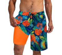 XiaoMoSha Short de bain pour homme avec doublure de compression 2 en 1 pour surf, plage, S à 2XL, séchage rapide, Feuilles d'orange., XXL