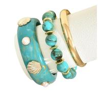 XIAOQENAN 1. Lot de 3 bracelets empilables océaniques avec coquillages et perles - Bijoux légers en résine pour la plage et les tenues quotidiennes - Motif ondulé, taille unique, Comme décrit