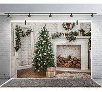 Xiaoterna 2,2x1,5m Fond Photographique Joyeux Noël Arbre de Noël Cadeaux Cheminée Toile de Fond intérieur Décorations de fête avec Mur de Briques Blanches Décorations pour fêtes de Fin d'année