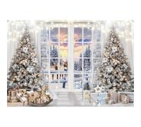Xiaoterna 2,2x1,5m Toile de Fond Joyeux Noël Fond Photographique en Bois Blanc pour Rennes à l'extérieur Fenêtre de Paysage Hivernal Blanc Coucher de Soleil Toile de Fond Photo Décorations