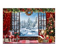 Xiaoterna 2,2x1,5m Toile de Fond Joyeux Noël Vue d'une fenêtre Marron Vintage Fond de forêt Scène d'hiver au Pays des Merveilles Arbre Blanc Montagne Extérieur Ciel Bleu Toile de Fond