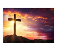 Xiaoterna 2,5x1,8m Fond de scène Croix de Pâques Fond Photographique Croix de Jésus Christ au Lever du Soleil Croix en Bois Vintage Toile de Fond Montagne Décoration de fête Religieuse