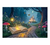 Xiaoterna 2,5x1,8m Fond de scène Forêt enchantée Château Magique Livre d'histoire Vue Nocturne Conte de fées Fond Photographique Lanternes Chemin de Briques Fleurs Papillons Décoration de fête