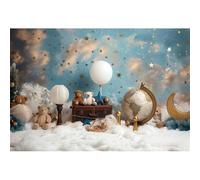 Xiaoterna 2,5x1,8m Toile de Fond Joyeux Anniversaire Mignons Nuages Ciel Étoiles Ours Globe Fond Photographique Aventure de Voyage Toile de Fond pour fête de bébé Décoration de fête d'anniversaire