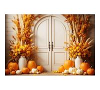 Xiaoterna 2,7x1,8m 3D Automne Joyeux Thanksgiving Toile de Fond Automne Citrouille Fleurs Porte de Grange Rustique en Bois Fond de Photographie Fleurs Jaune Orange Fête des récoltes Décorations
